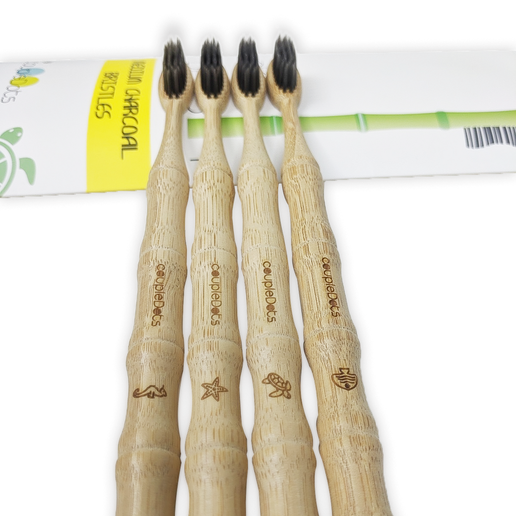 Charcoal Bamboo Toothbrush Set | Medium Hardness | Adult Size (Set of 4)