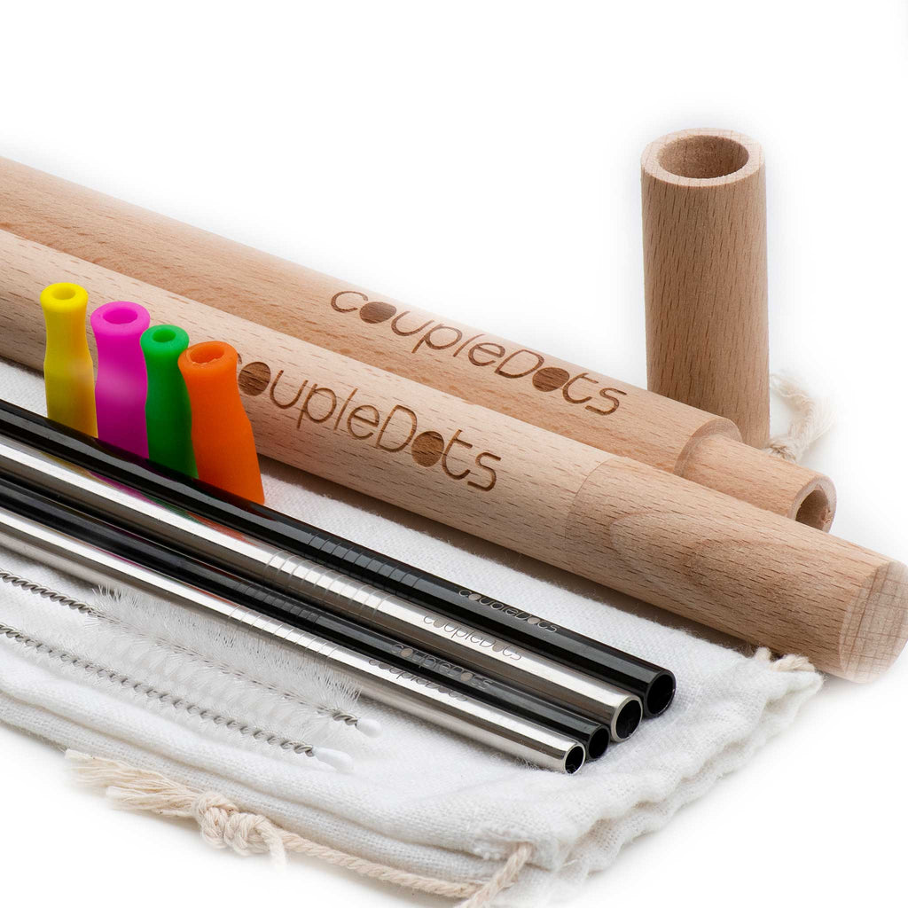 Stainless Steel (Metal) Drinking Straws with Wooden Case & Silicone Tips
