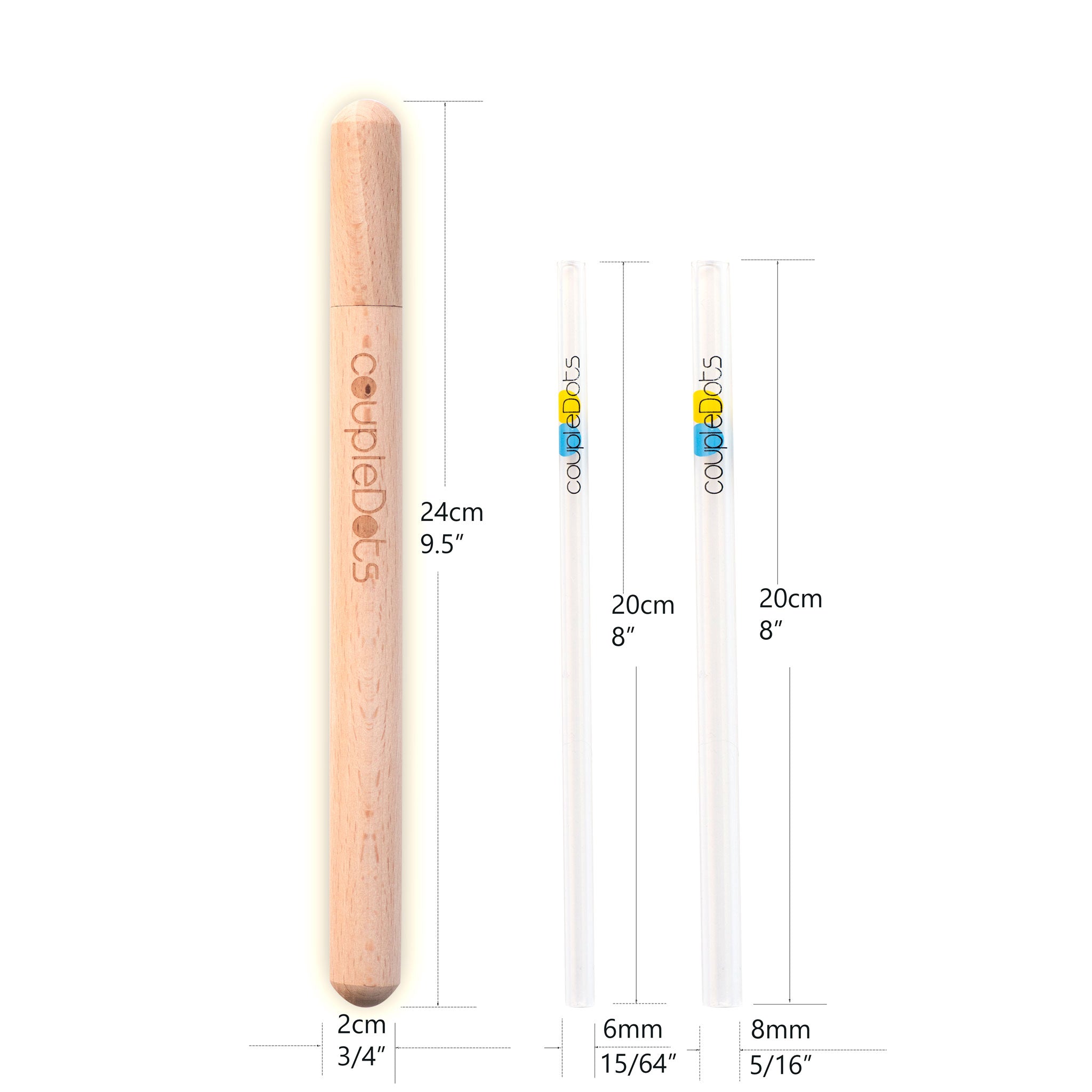 coupleDots Reusable Glass Drinking Straws with Wooden Case includes Bubble Tea Straw