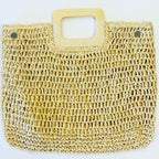 handwoven raffia paper tote with top wooden handles - o'ahu